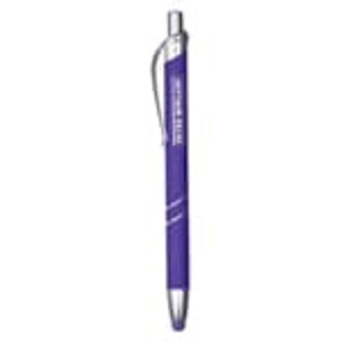 A metal pen in a vibrant purple colour, featuring a clip and a branded logo.