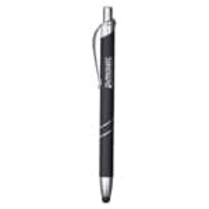 A black metal pen with silver accents and a clip. Features a sleek design and a logo.