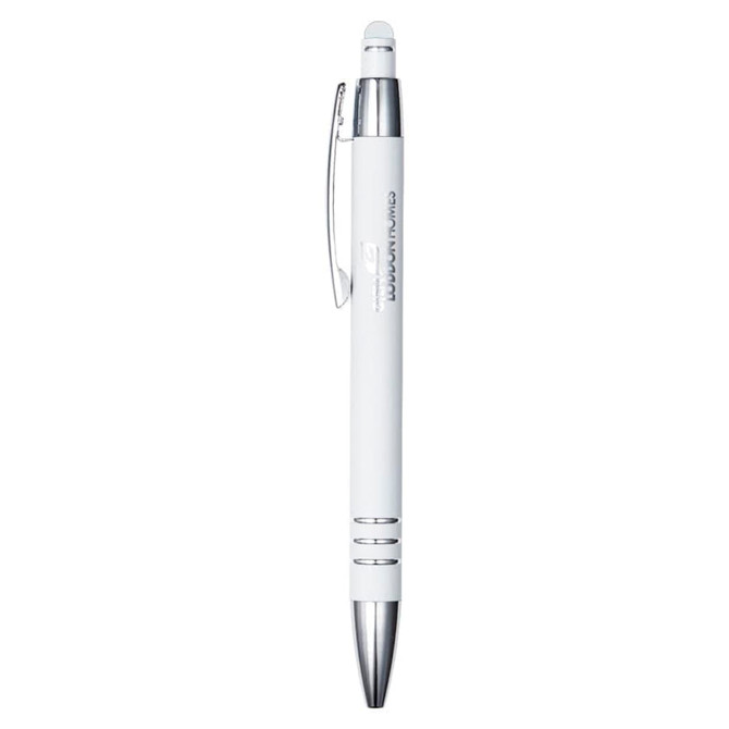 A white metal pen with silver accents and a logo. The pen features a stylus tip on one end.
