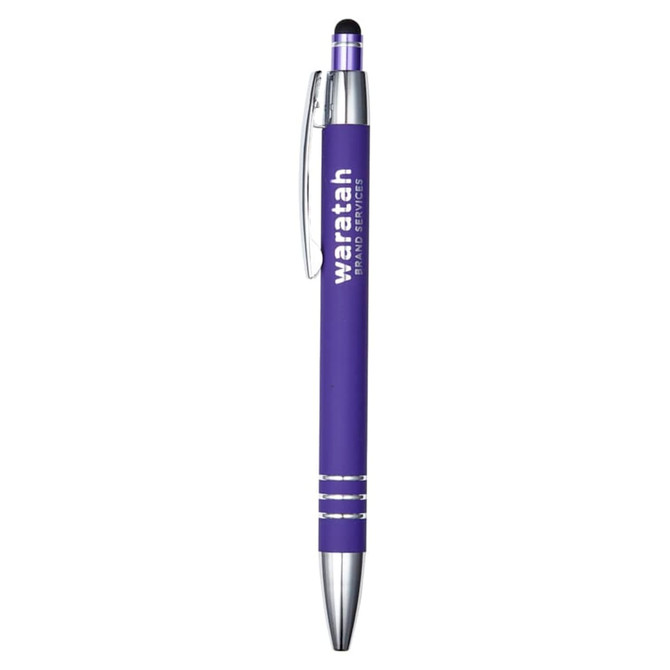 A purple metal pen with a silver clip and accents, featuring a rubber stylus tip and a logo.