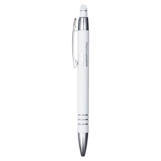 A metal pen in white with chrome accents and a logo. Features a stylus tip for touchscreen devices.