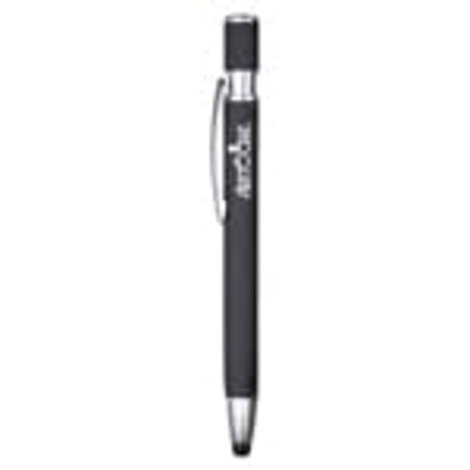 A black metal pen featuring a sleek design and a clip, with a logo on the body.