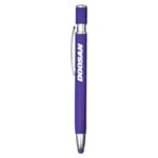A purple metal pen with a silver clip, featuring a logo on the body.