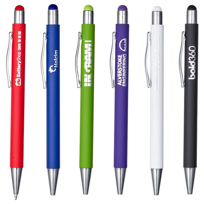 A collection of metal pens in red, blue, green, purple, white, and black, featuring various designs and a logo on each.