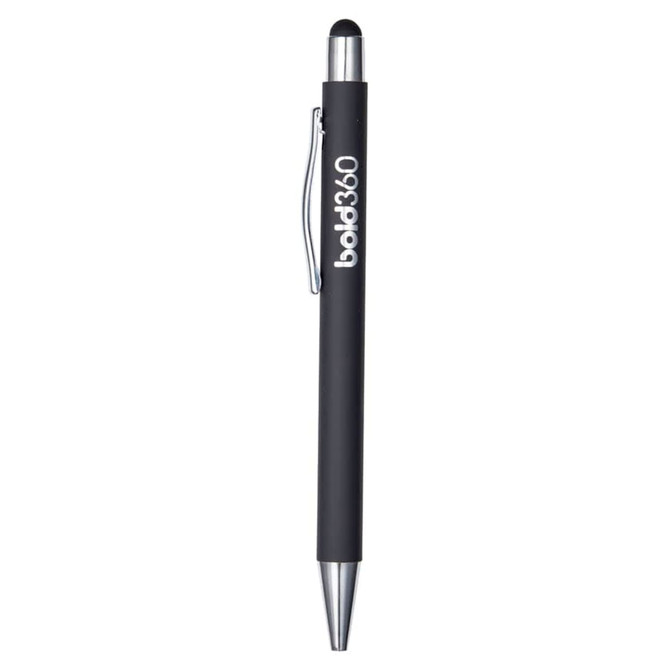 A black metal pen with a silver clip and a branding logo near the top. It features a smooth finish and a stylus tip.