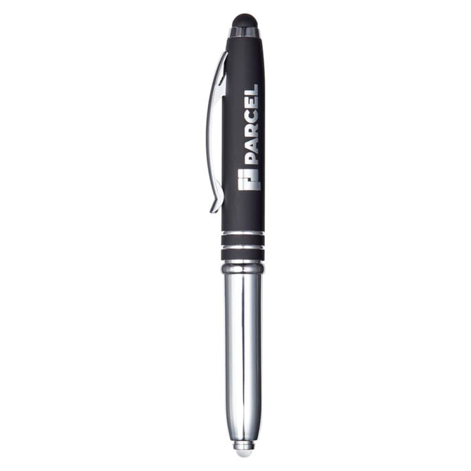 A stylus pen with a black barrel and chrome accents, featuring a clip and branding.