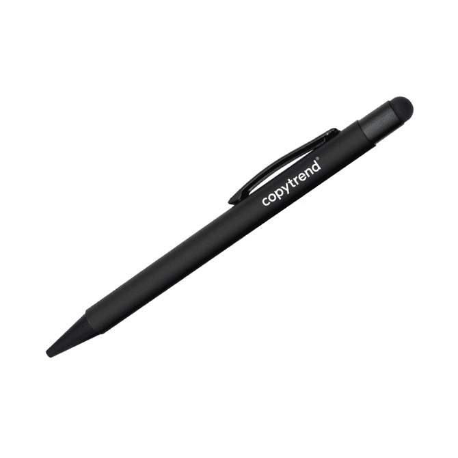 A black stylus pen featuring a detachable cap and a logo. Ideal for writing and touchscreen use.