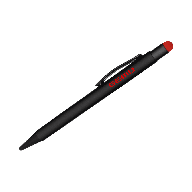 A black stylus pen with a red tip, featuring a branding logo on the barrel.