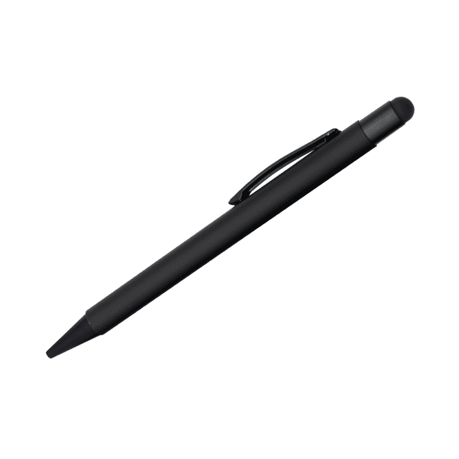 A black stylus pen featuring a sleek design and a clip for easy attachment. It includes a logo on the barrel.