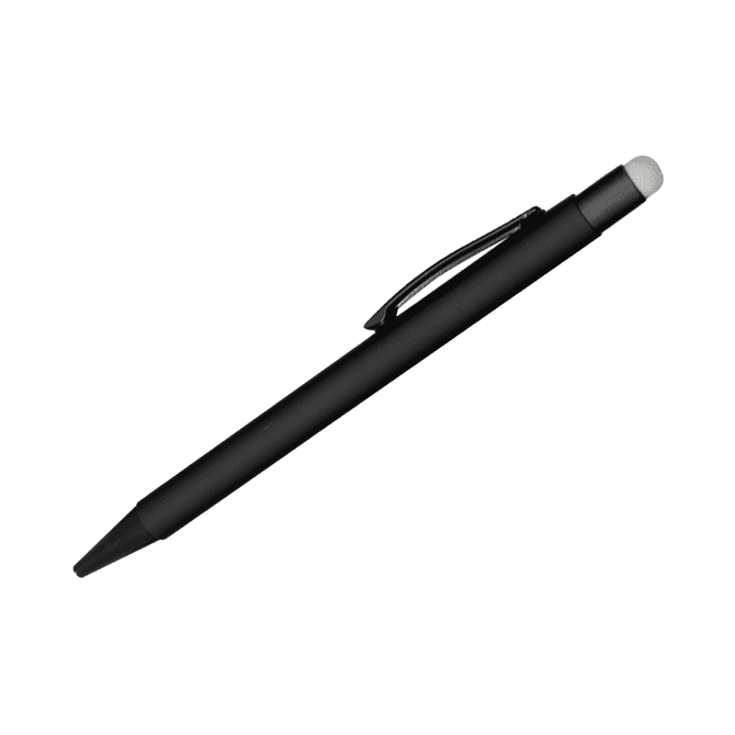 A black stylus pen with a matte finish and a soft tip at one end, featuring a clip for attachment.
