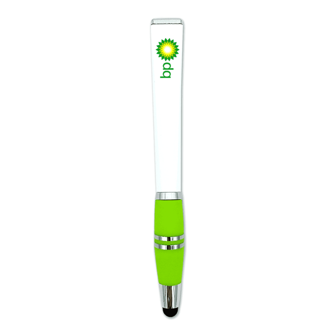 A white stylus pen with a green grip and a logo on the upper body.
