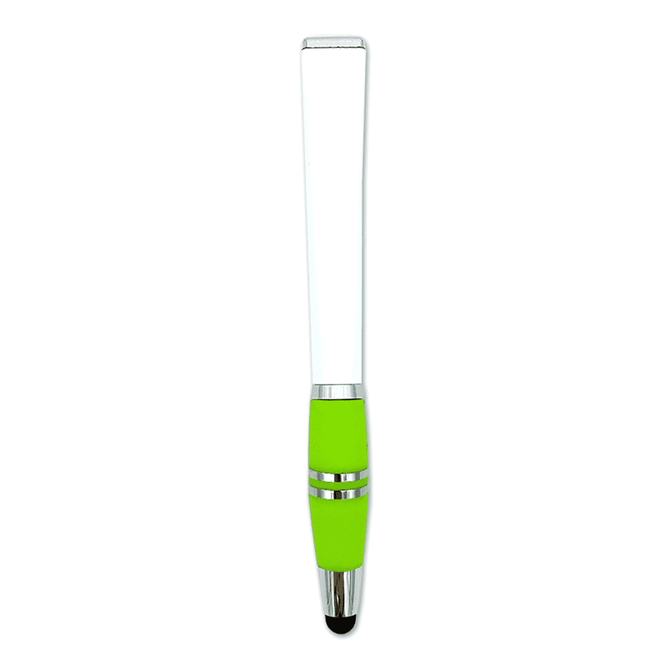 A stylus pen with a white body and a green grip, featuring a shiny silver accent and a logo.