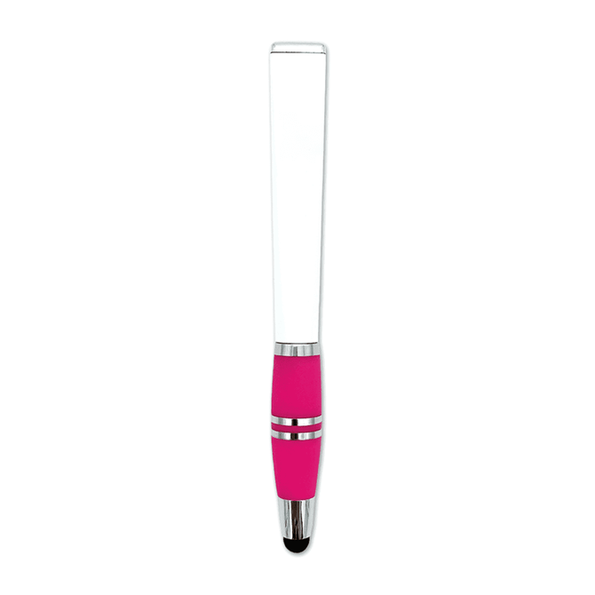 A pink stylus pen with a clear barrel and chrome accents, featuring a branding logo on the barrel.