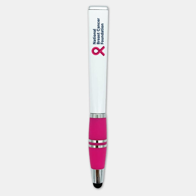 A stylus pen featuring a white barrel and a pink grip, adorned with a logo.