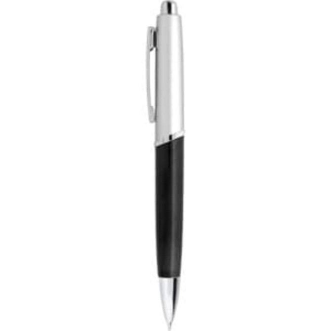 A metal pen in silver and black with a sleek design and a clip. It features a branding logo.