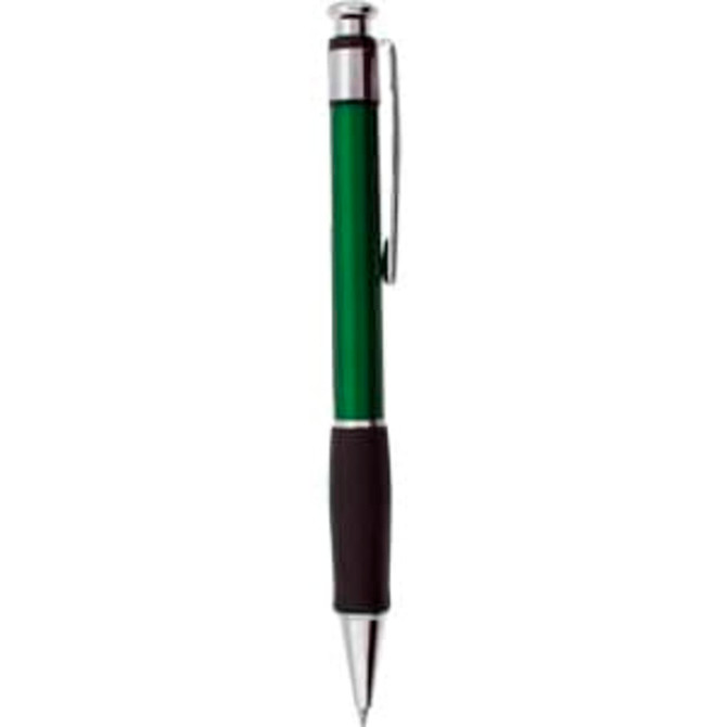 A green plastic pen with a silver clip and a black grip, featuring a branding logo.