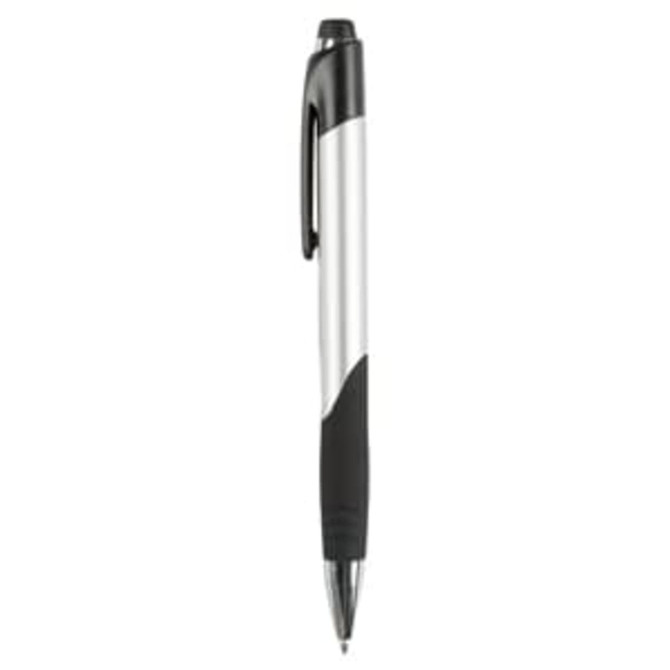 A silver and black plastic pen with a grip and a logo on the side.