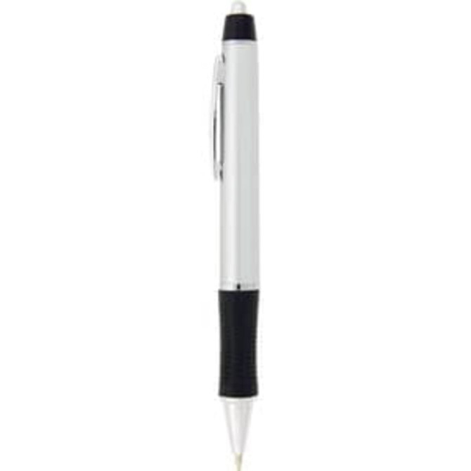 A silver plastic pen with a black grip, featuring a clip and a logo on the barrel.