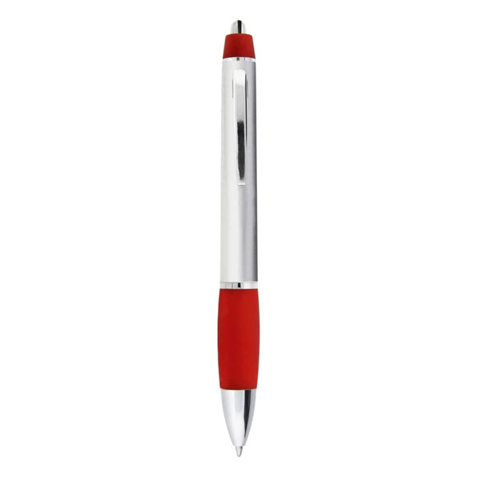 A metal pen with a chrome body and a red rubber grip, featuring a clip and a logo.