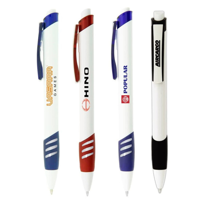 Four plastic pens featuring blue, red, and black accents, with a variety of logos and branding on the bodies.