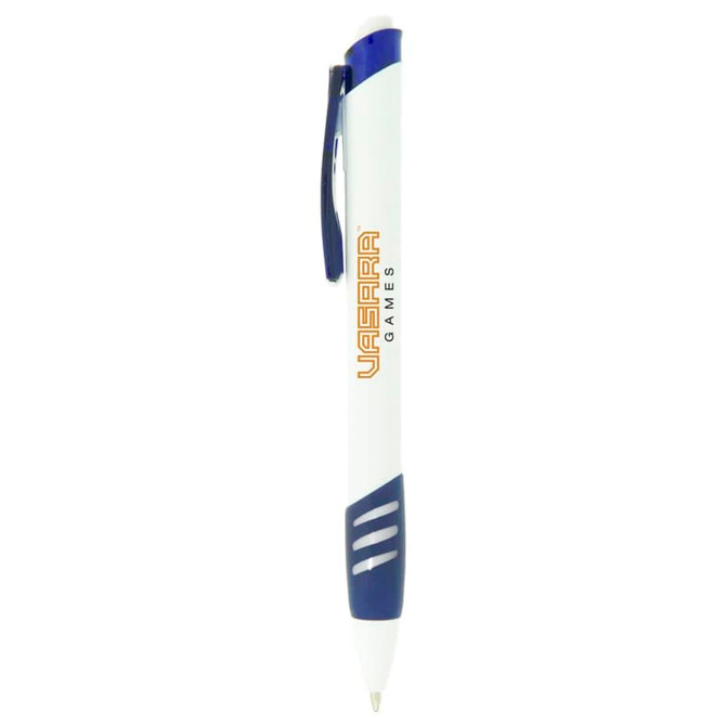A white and blue plastic pen with a clip and a logo on the barrel.