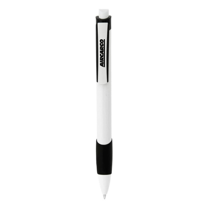 A plastic pen in white with a black grip and clip, featuring a logo on the barrel.