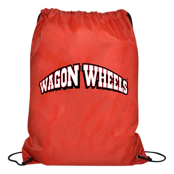 A red drawstring gym bag with a logo in a curved design. The bag features black strings for closure.