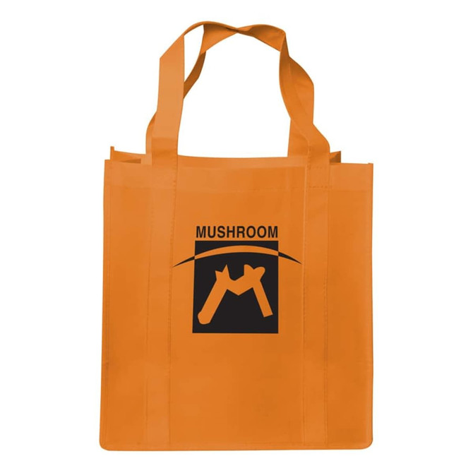 An orange shopping tote bag with a gusset and a black logo on the front.
