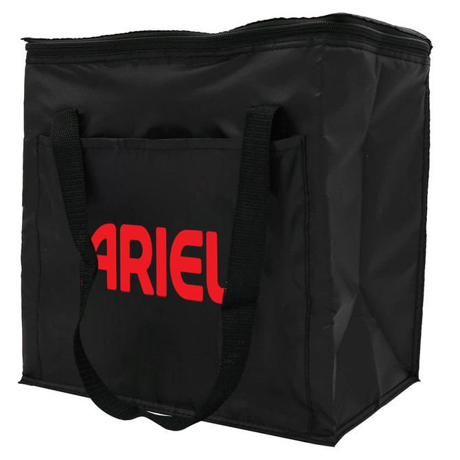 A black insulated grocery bag with robust handles and a frontal pocket, featuring a logo in red.