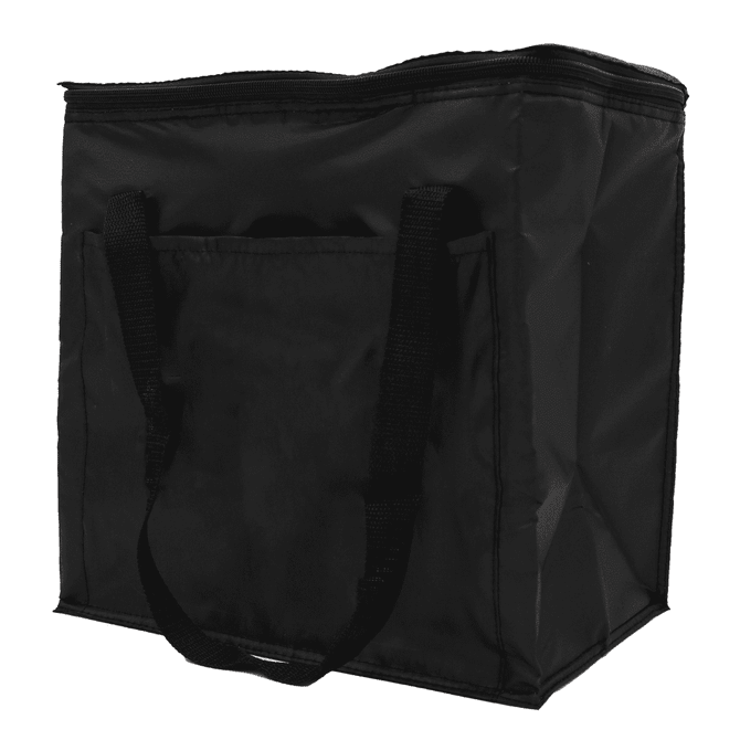 A black insulated grocery bag with sturdy handles and a zippered top. It features an exterior pocket and a logo.