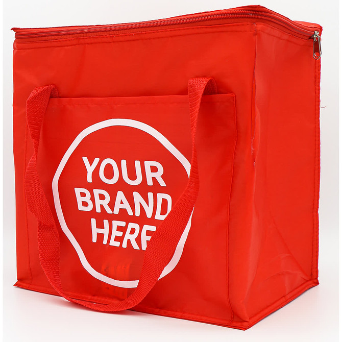 A red insulated grocery bag with a zip closure and two handle straps. It features branding on one side.