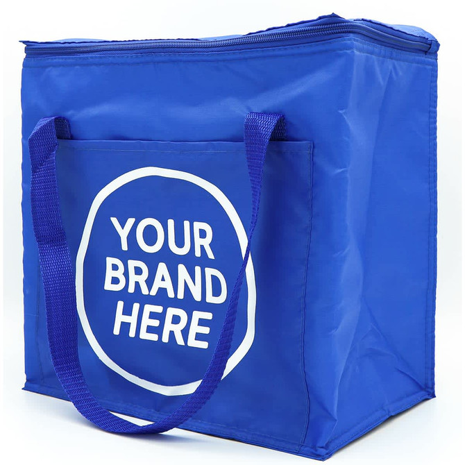 A blue insulated grocery bag with a large front pocket and dual handles, featuring a logo on the side.