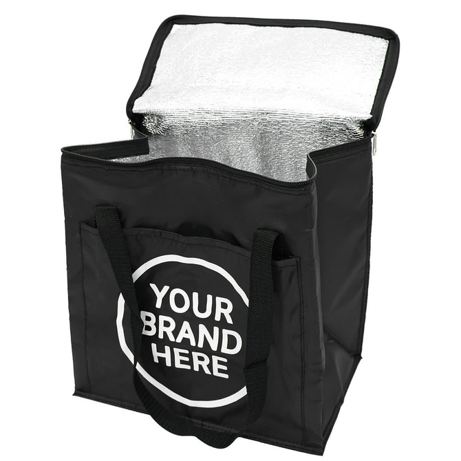 A black insulated grocery bag with a silver interior and a front pocket, featuring a logo on the front.