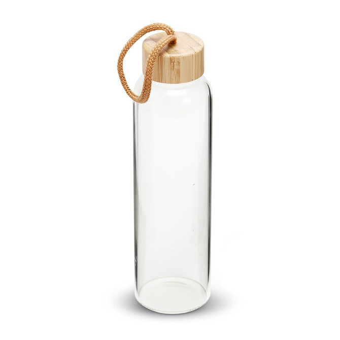 A drink bottle made of clear glass with a bamboo lid and a woven rope handle.