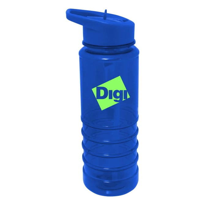 A drink bottle in bright blue Tritan with a screw-on lid and a logo.