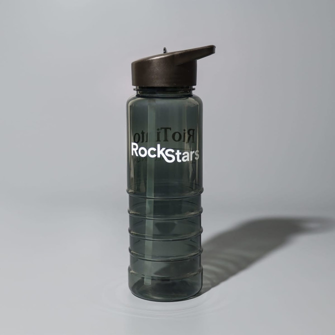 A drink bottle featuring a grey translucent design with a brown lid and a logo.