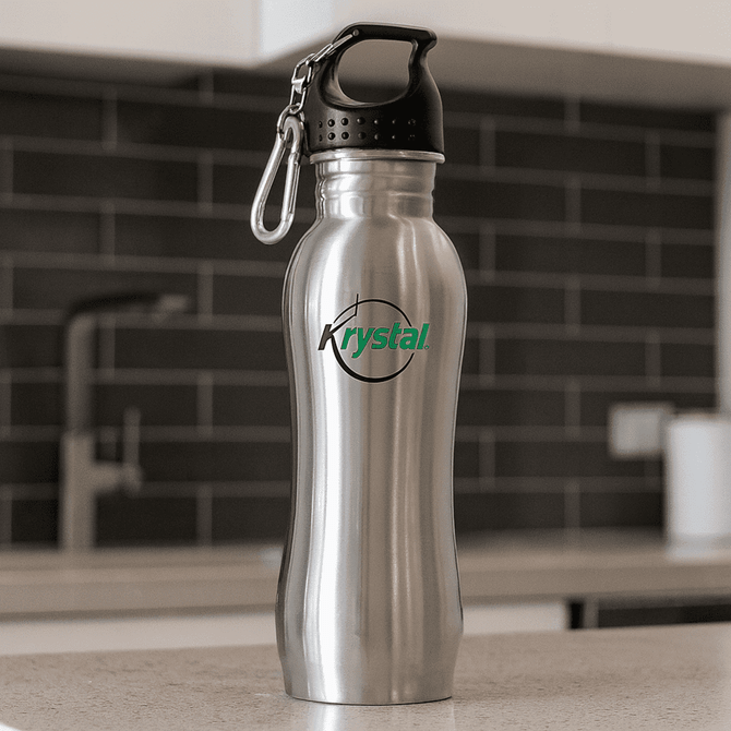 A drink bottle made of stainless steel with a black cap and a logo. It features a sleek, silver finish.