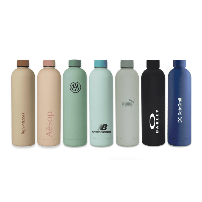 A drink bottle collection featuring pastel and dark-coloured designs, each with unique branding.