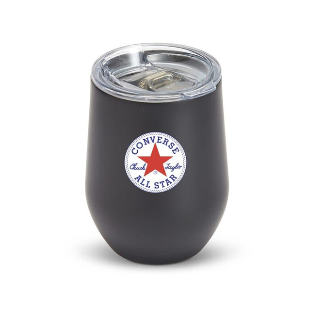 A drink bottle in matte black with a transparent lid and a logo. It features a rounded bottom and holds 350mL.