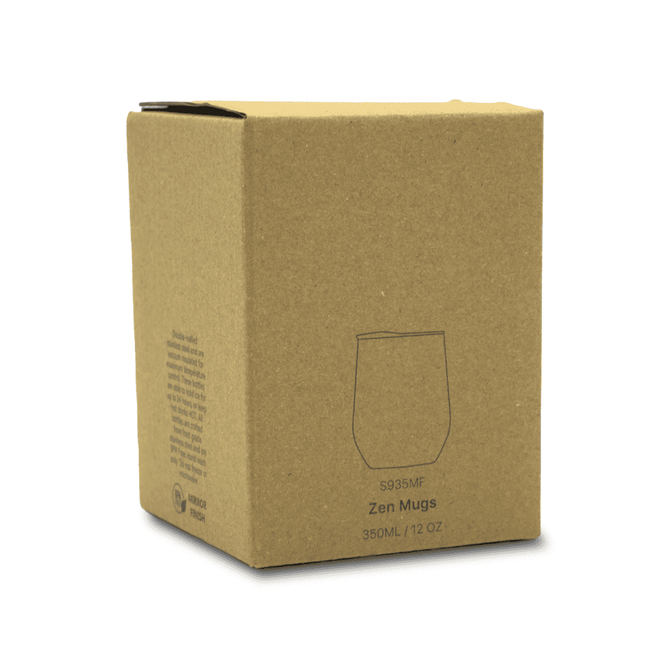 A packaging box for Zen Mirror Finish Mugs, featuring a simple design and text. The box is brown and made of cardboard.