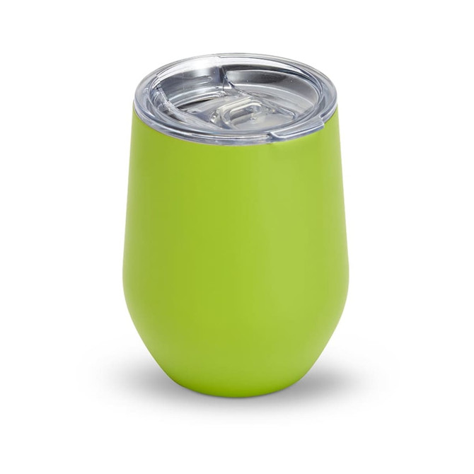 A drink bottle with a vibrant green finish and a clear lid, designed for use as a tumbler.