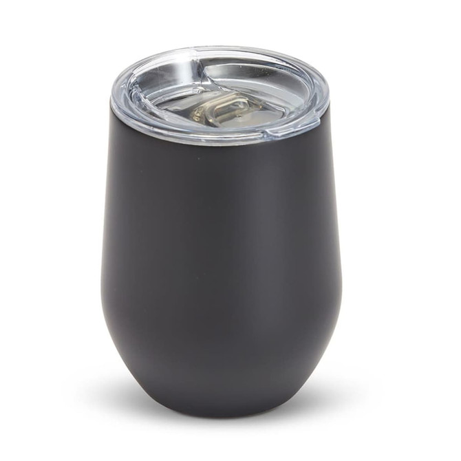 A drink bottle with a black matte finish and a clear lid, featuring a logo. Ideal for beverages.