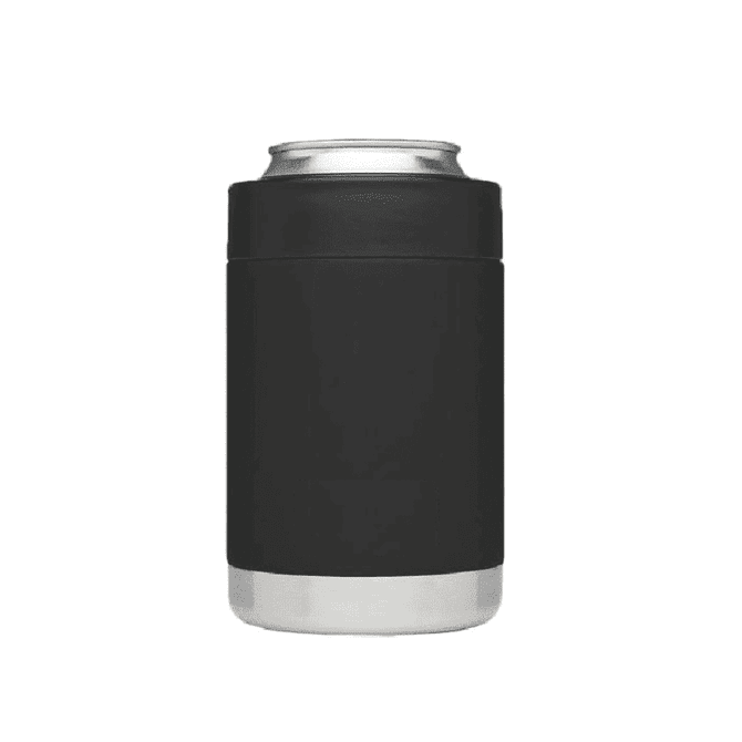 A black stubby cooler with a stainless steel base, designed to hold drink cans securely.