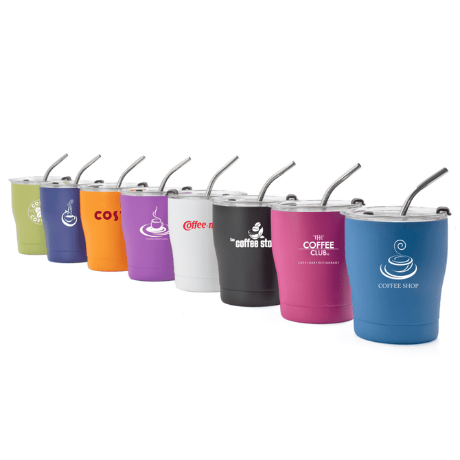 A drink bottle collection featuring various colourful tumblers with reusable straws and logos. A drink bottle collection featuring various colourful tumblers with reusable straws and logos.