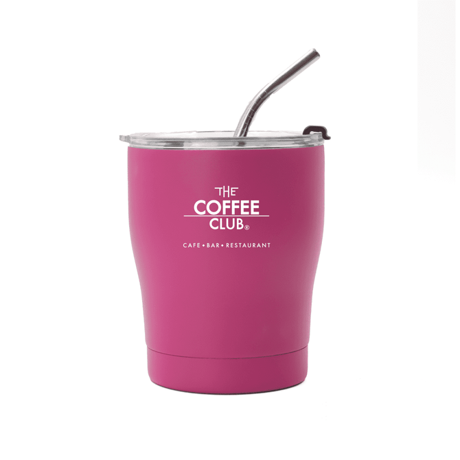 A drink bottle in pink with a clear lid and a metal straw. It features a logo on the front. A drink bottle in pink with a clear lid and a metal straw. It features a logo on the front.