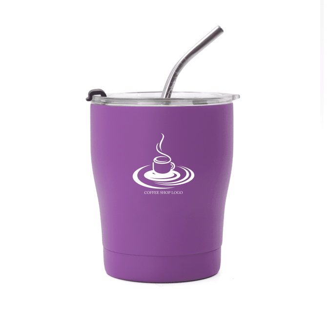 A drink bottle in purple with a stainless steel straw and a transparent lid, featuring a logo on the side.