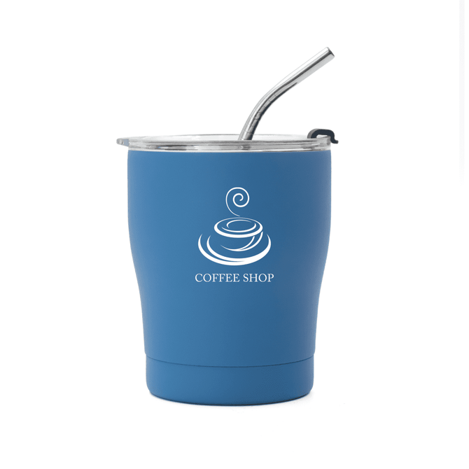 A drink bottle featuring a blue exterior, stainless steel straw, and a clear lid, with a logo on the front. A drink bottle featuring a blue exterior, stainless steel straw, and a clear lid, with a logo on the front.