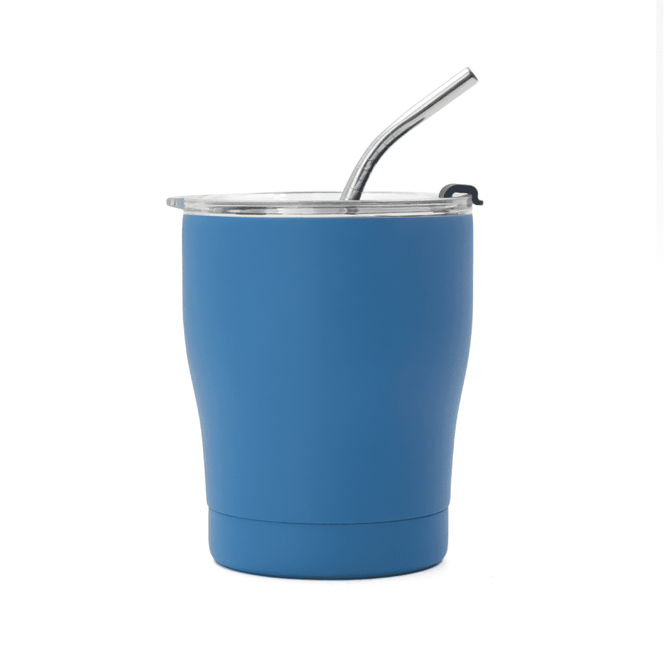 A drink bottle in a vibrant blue colour with a stainless steel straw and a clear lid, featuring a logo. A drink bottle in a vibrant blue colour with a stainless steel straw and a clear lid, featuring a logo.