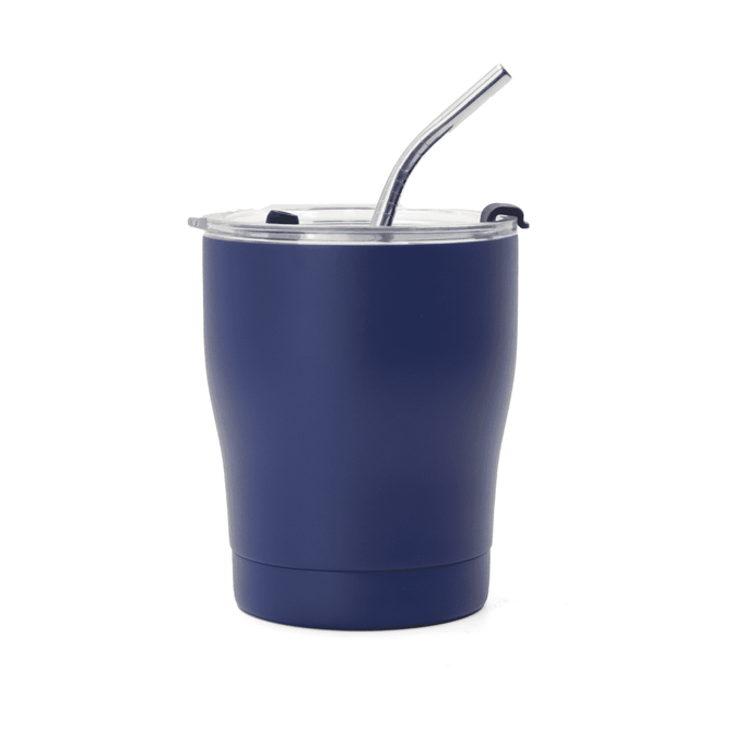 A drink bottle featuring a navy exterior, a clear lid, and a metal straw, designed for on-the-go use. A drink bottle featuring a navy exterior, a clear lid, and a metal straw, designed for on-the-go use.