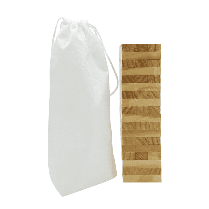 A stacking puzzle set in natural wood tones, accompanied by a white pouch for storage.